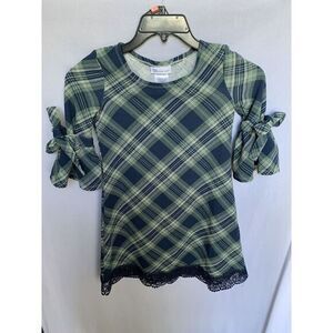 Girls Sz 10 Bonnie Jean‎ Green Plaid Holiday Dress Bow Shoulders
